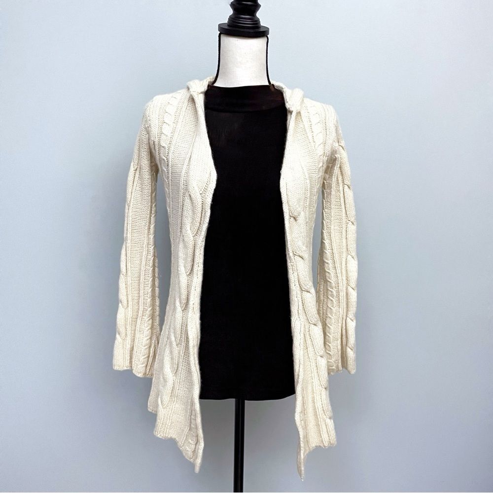 Minnie Rose Women M Ivory Cable Knit Hooded Cardigan Open Front Cashmere Wool